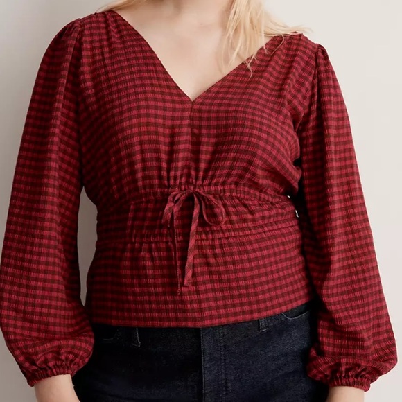 Madewell Tops - NWT Madewell Crinkled V-Neck Peplum Top in Red Plaid
